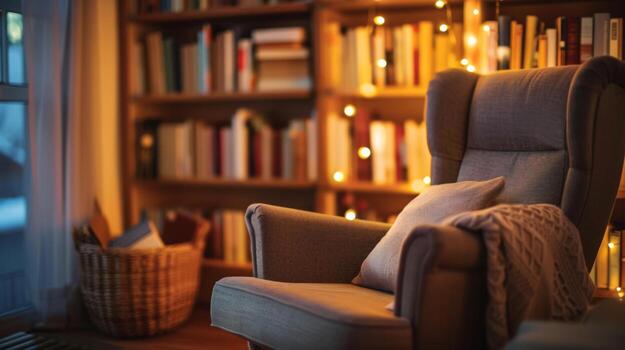 A tidy, softly lit reading corner in a New Zealand home set up for a quiet evening, with a lamp and an armchair